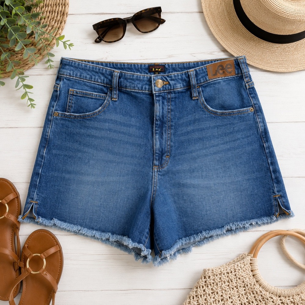 Lee Women's Denim Shorts Size 14 Blue Raw Hem Mid Rise Stretch Jean Shorts